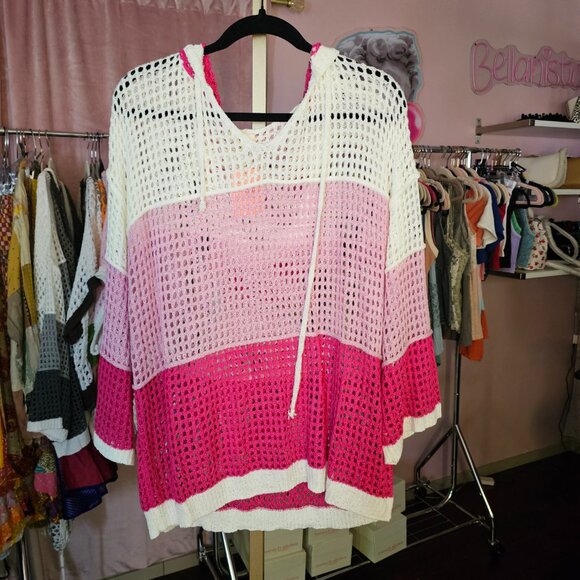 POL Tops - UST2 POL Open Weave Crochet Sweater Cover Up Hoodie Pinks